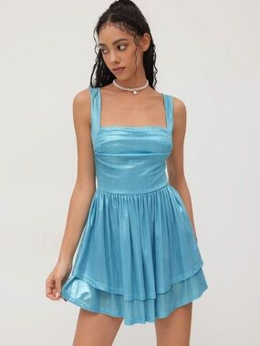 Cider Metallic Blue Square Neck Ruffle Tiered Mini Dress